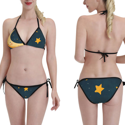 Moon & Stars Print Triangle Bikini Swimsuit