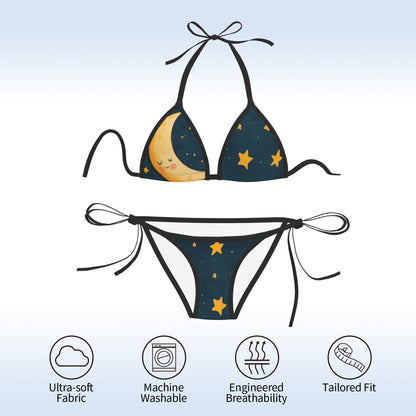 Moon & Stars Print Triangle Bikini Swimsuit