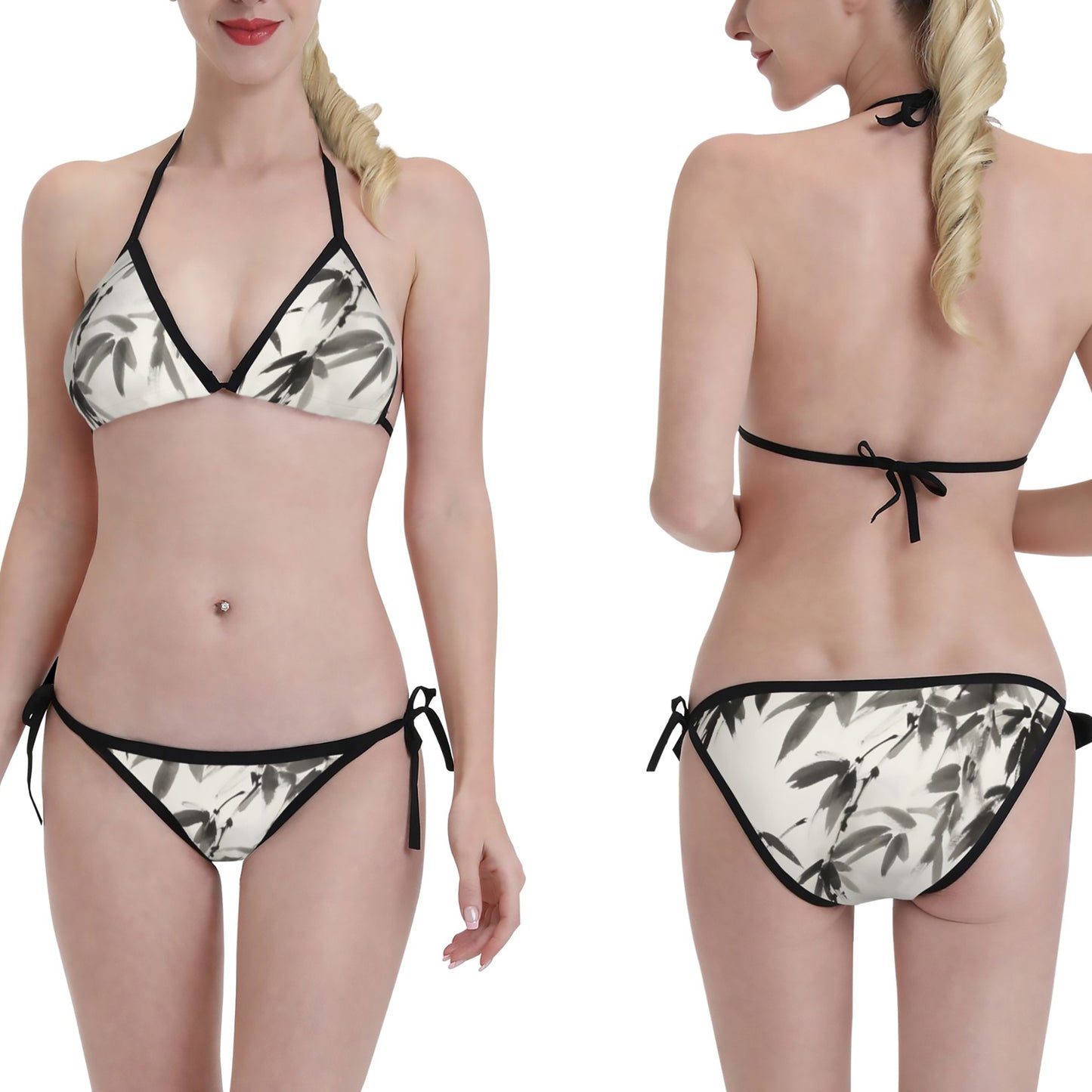 Bamboo Leaf Print Triangle Bikini Swimsuit